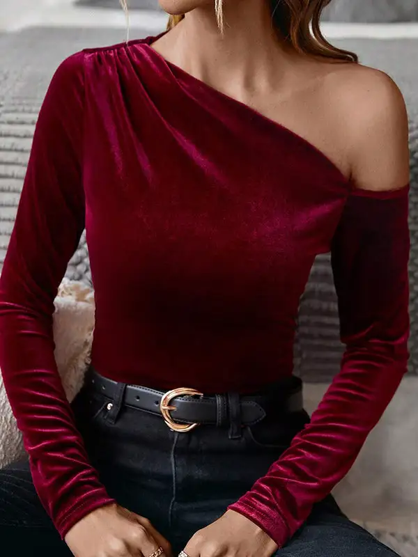 Long Sleeve Slim Fit Asymmetric Pleat Detail Velvet One Shoulder T-Shirt