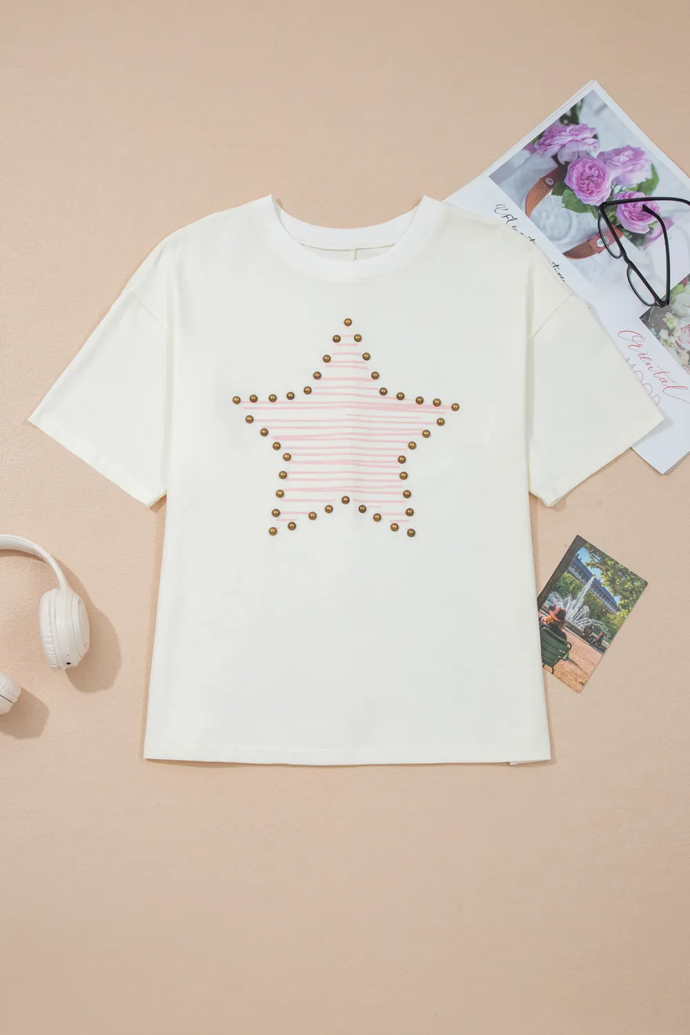 Beige Star Print Stud Detail Top