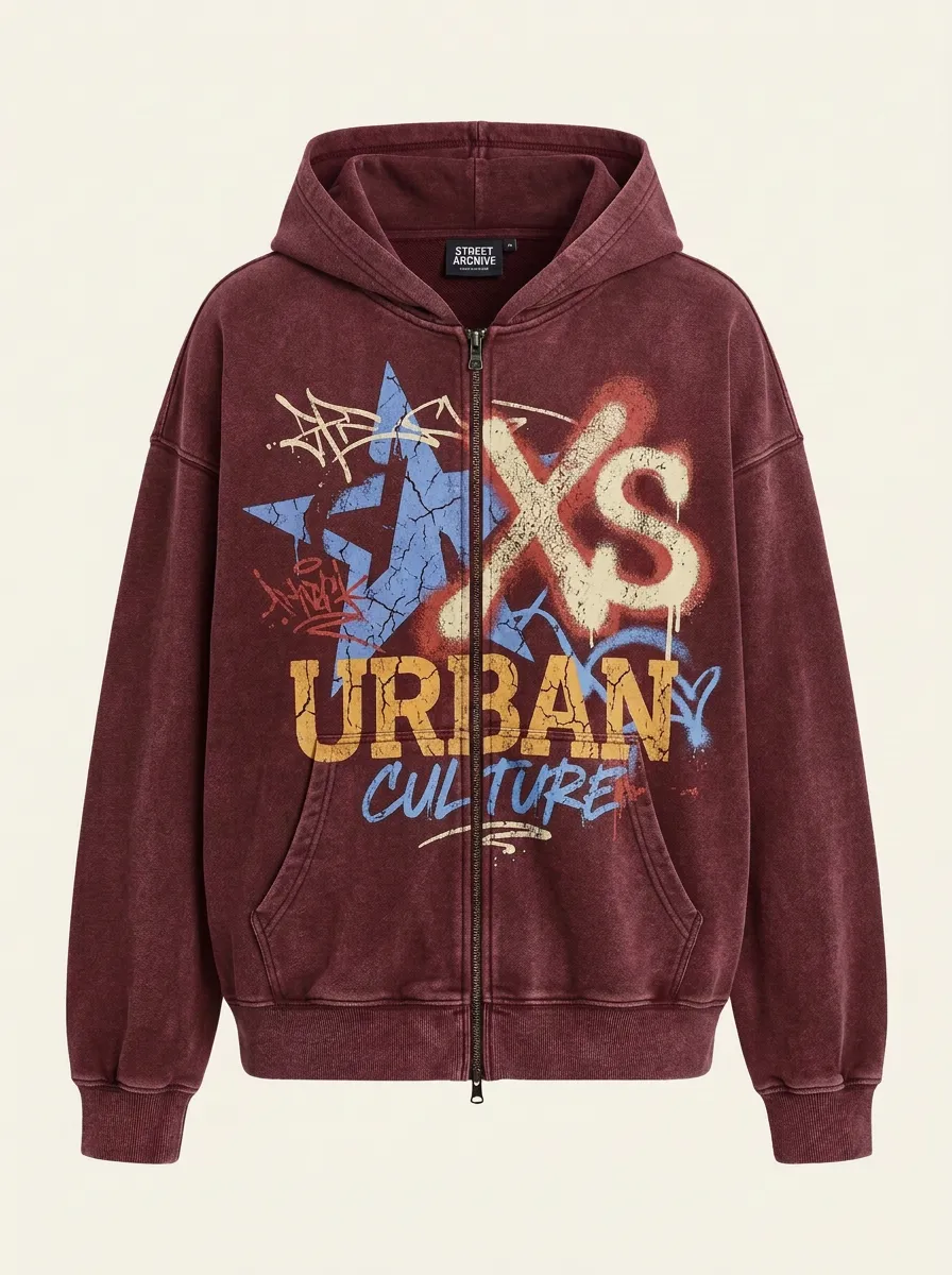 Unisex Streetwear Urban Culture Star Graffiti Printed Zip-up Hoodie