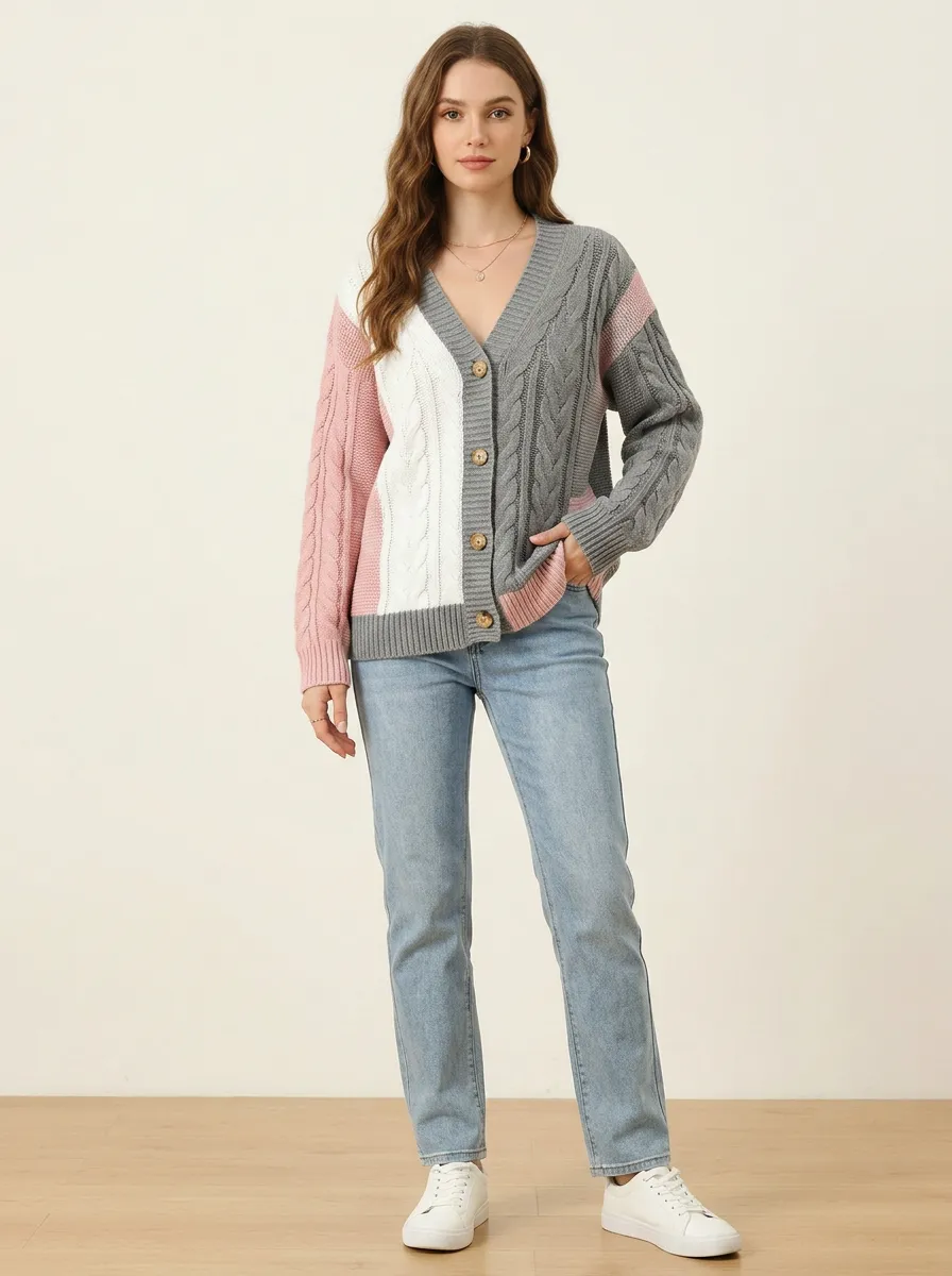 Women's and Colorblock Cable Knit Cardigan
