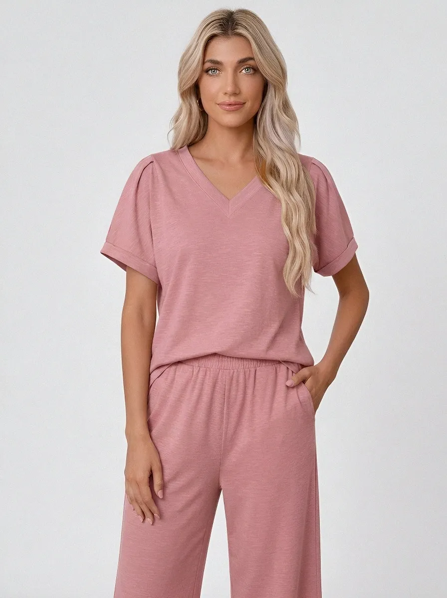 Short-Sleeve Cuffed-Sleeve Pleated Women's V-Neck Shirt
