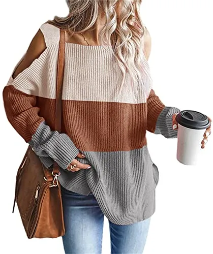 Women's Cold Shoulder Oversized Sweaters Batwing Long Sleeve Square Neck Chunky Knit Fall Tunic Sweater Tops