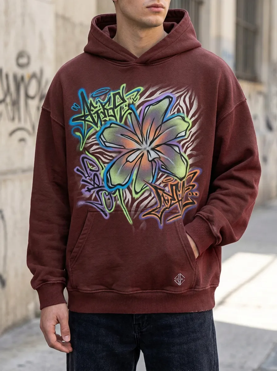 Unisex Streetwear Graffiti Flower Zebra Print Contemporary Graphic Hoodie