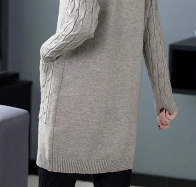 Plain Long Sleeve Casual Buckle Pockets Cardigan