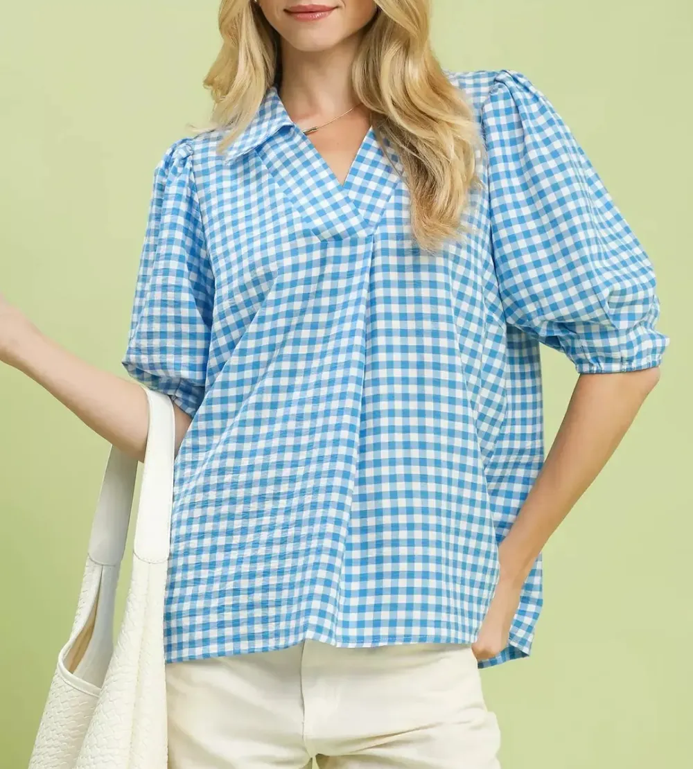 Modern Gingham Puff Sleeve Collared Blouse