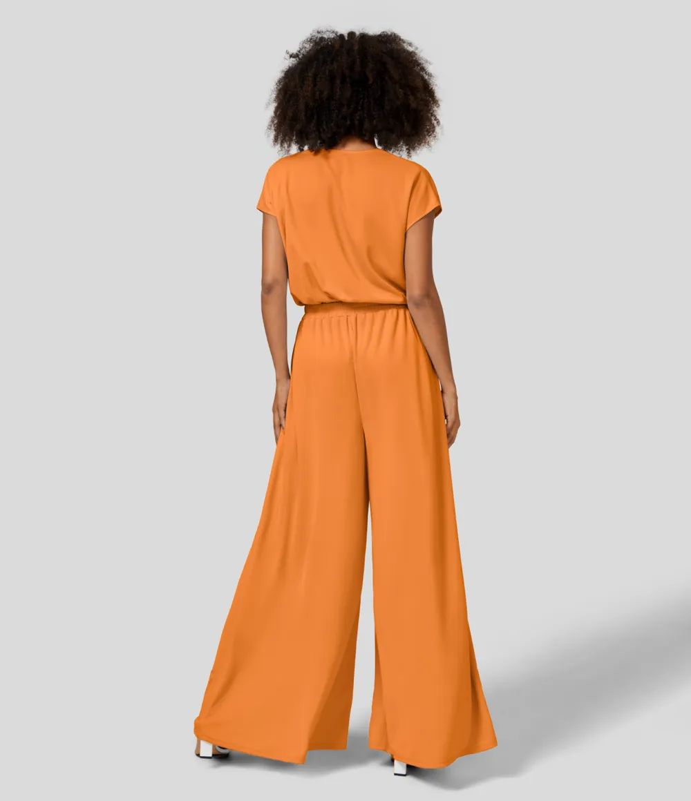 V Neck Short Sleeve Plicated Side Pocket Wide Leg Flowy Waffle Casual Jumpsuit