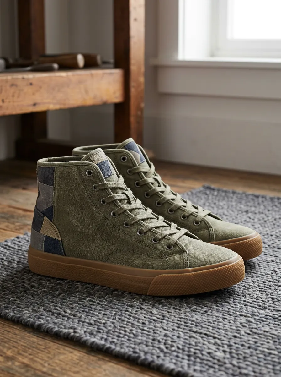 Men's Olive Green Patchwork Canvas Printed High-Top Sneakers