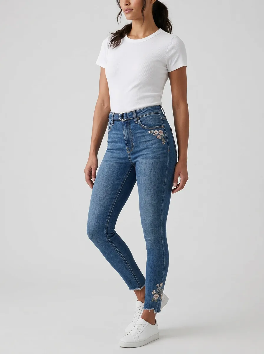 Women's Atlas Floral Embroidery Raw Hem Printed Slim Jeans