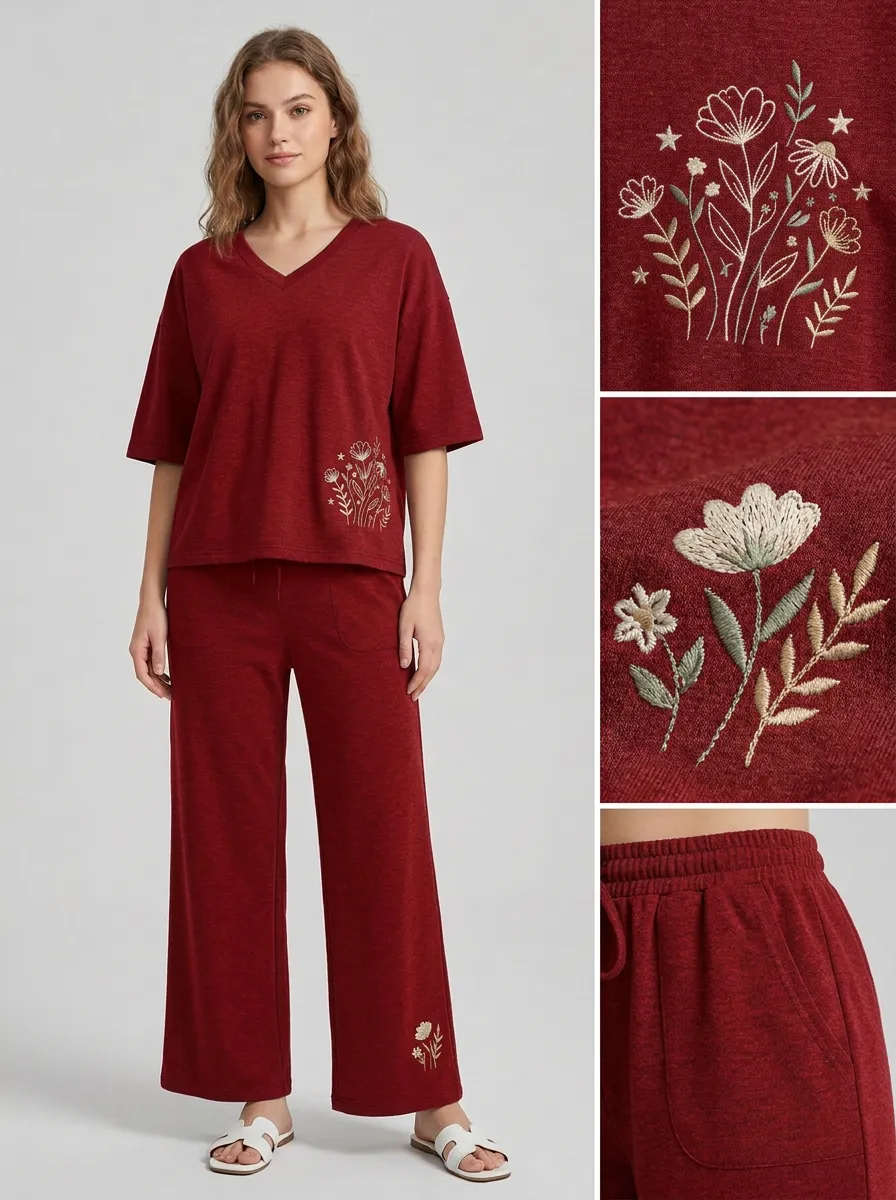 Women's Cropped Floral Embroidered V-Neck Top And Drawstring Wide-Leg Trouser Lounge Set