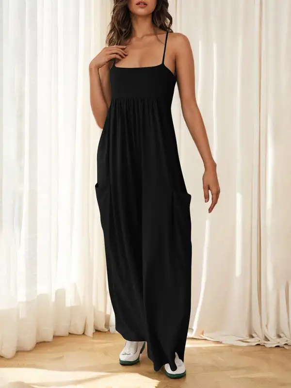 Casual Suspender Sleeveless Square Neck Wide Jumpsuit