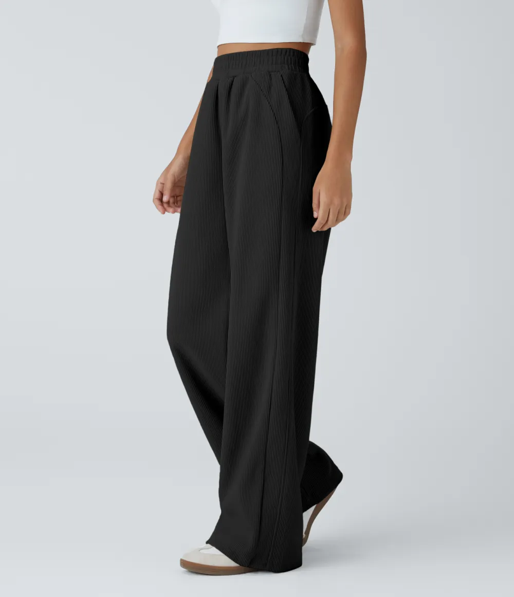 High Waisted Side Pocket Straight Leg Mop Corduroy Casual Pants