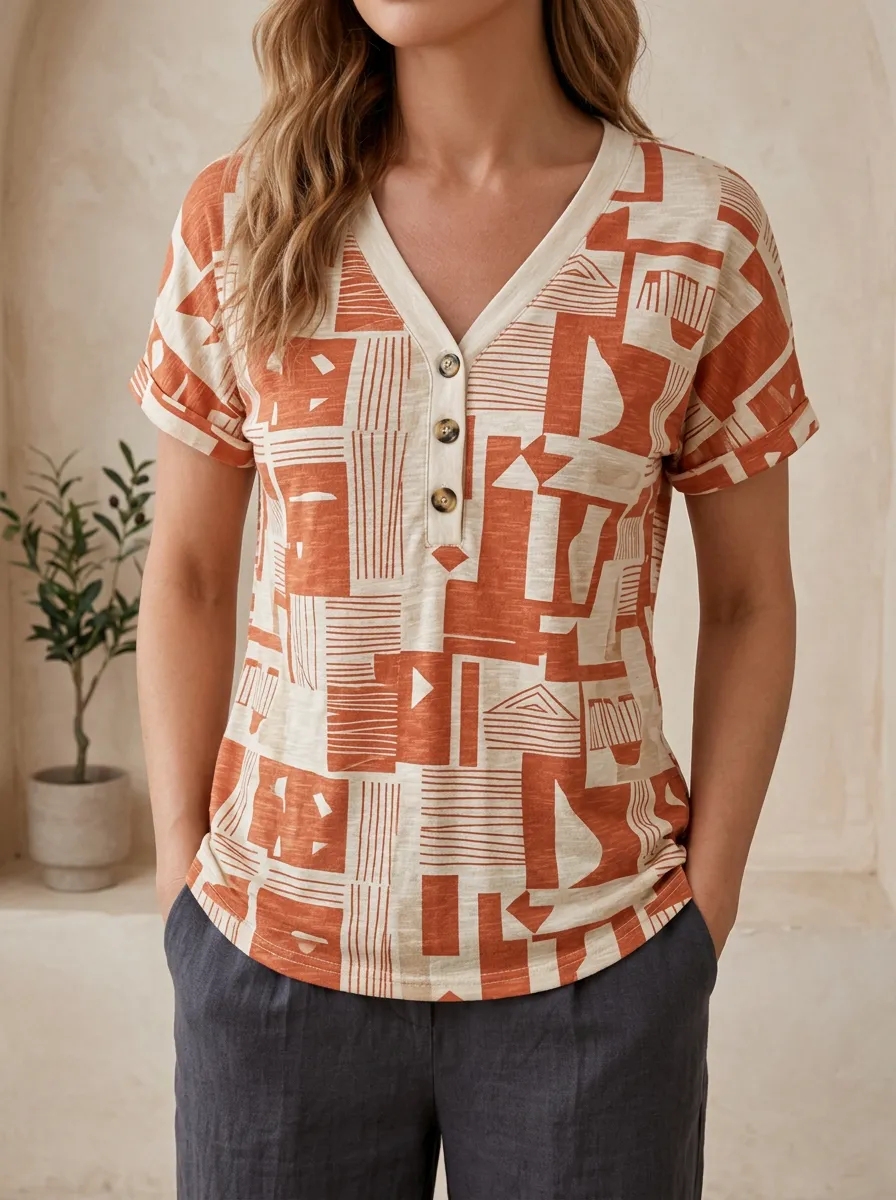 Women's Geometric Abstract Print Button Henley Top