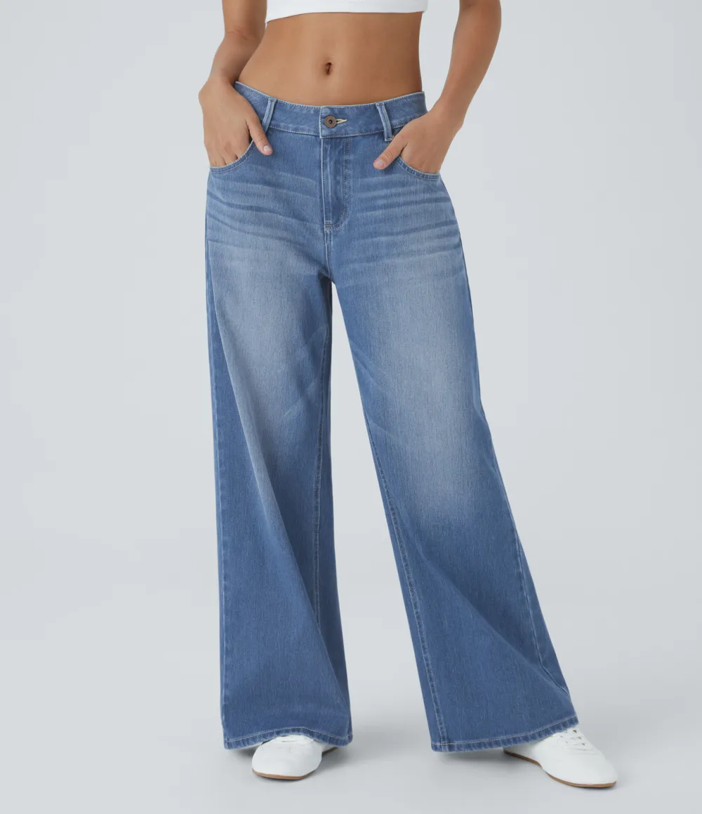 Magic Low Rise Button Zipper Multiple Pockets Washed Stretchy Knit Wide Leg Casual Jeans