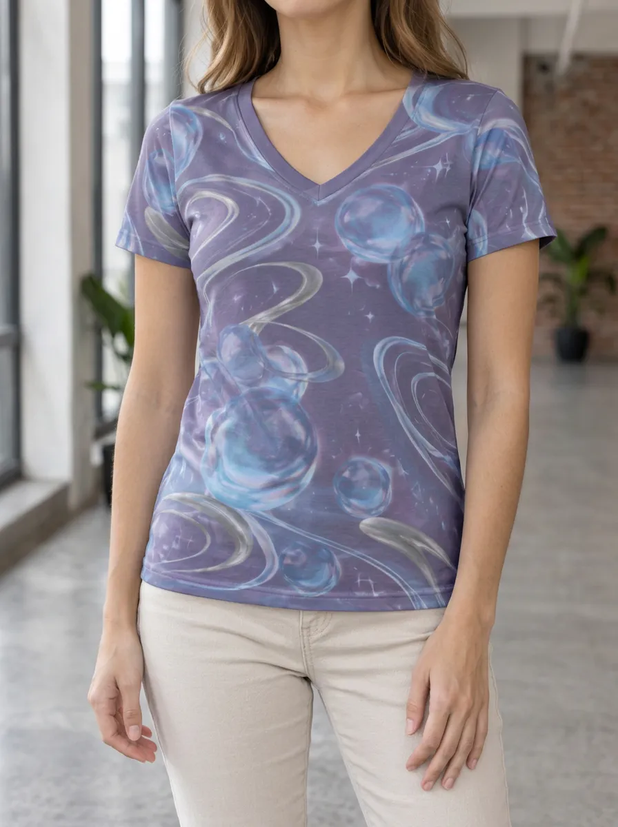 Women's Celestial Cosmic Bubble Galaxy V-Neck T-Shirt