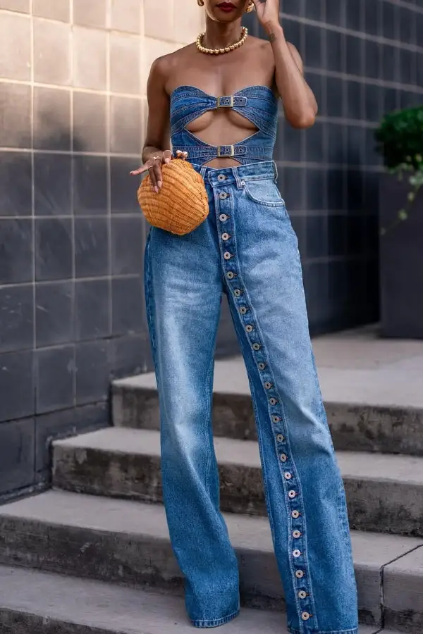 Gradient Button Decor High-Waist Jeans & Sweater