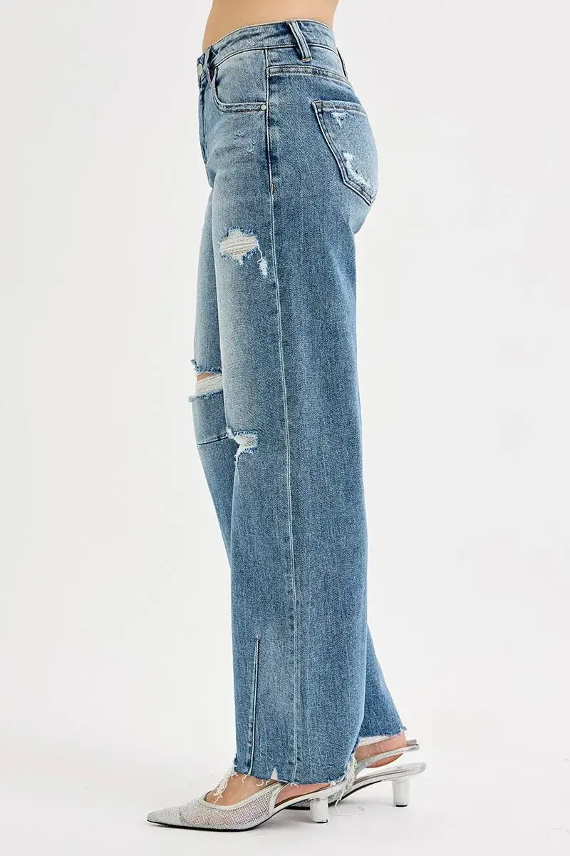 Mid Rise Wide Leg Washed Denim Jeans