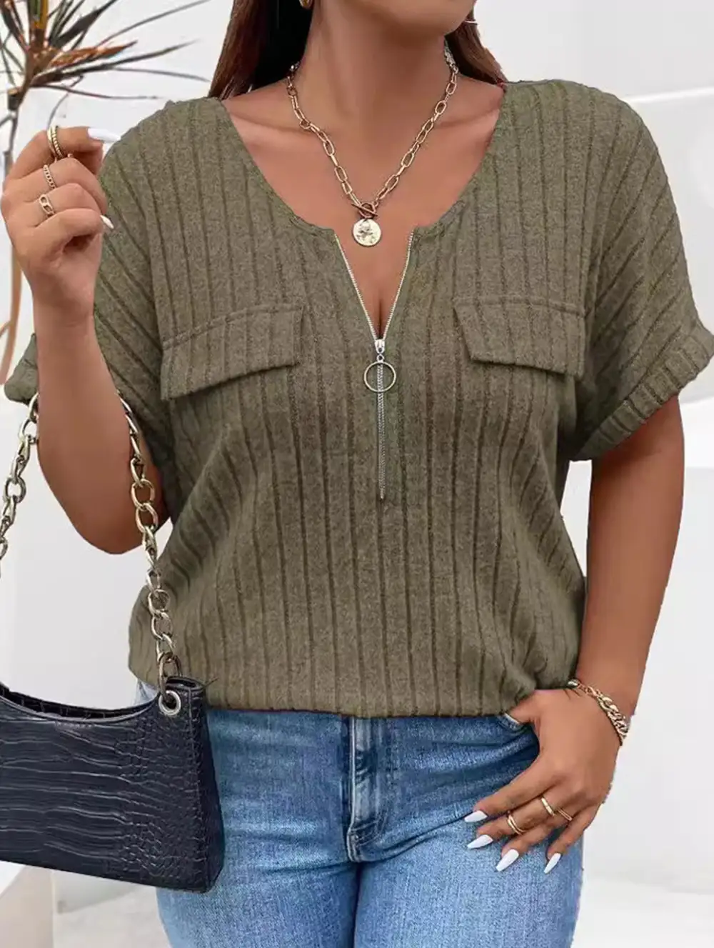 Ribbed V-Neck Knit Top