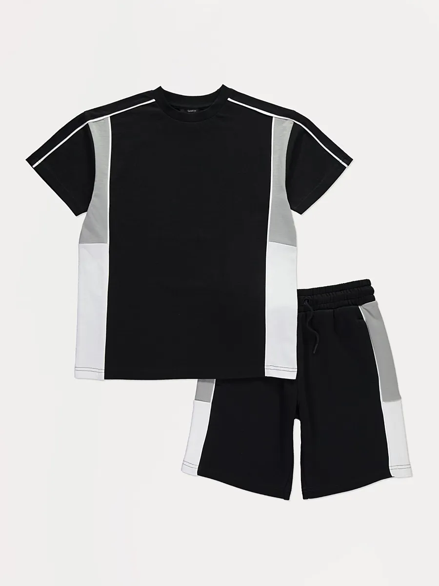 White/Black Block Panel T-Shirt and Shorts Set