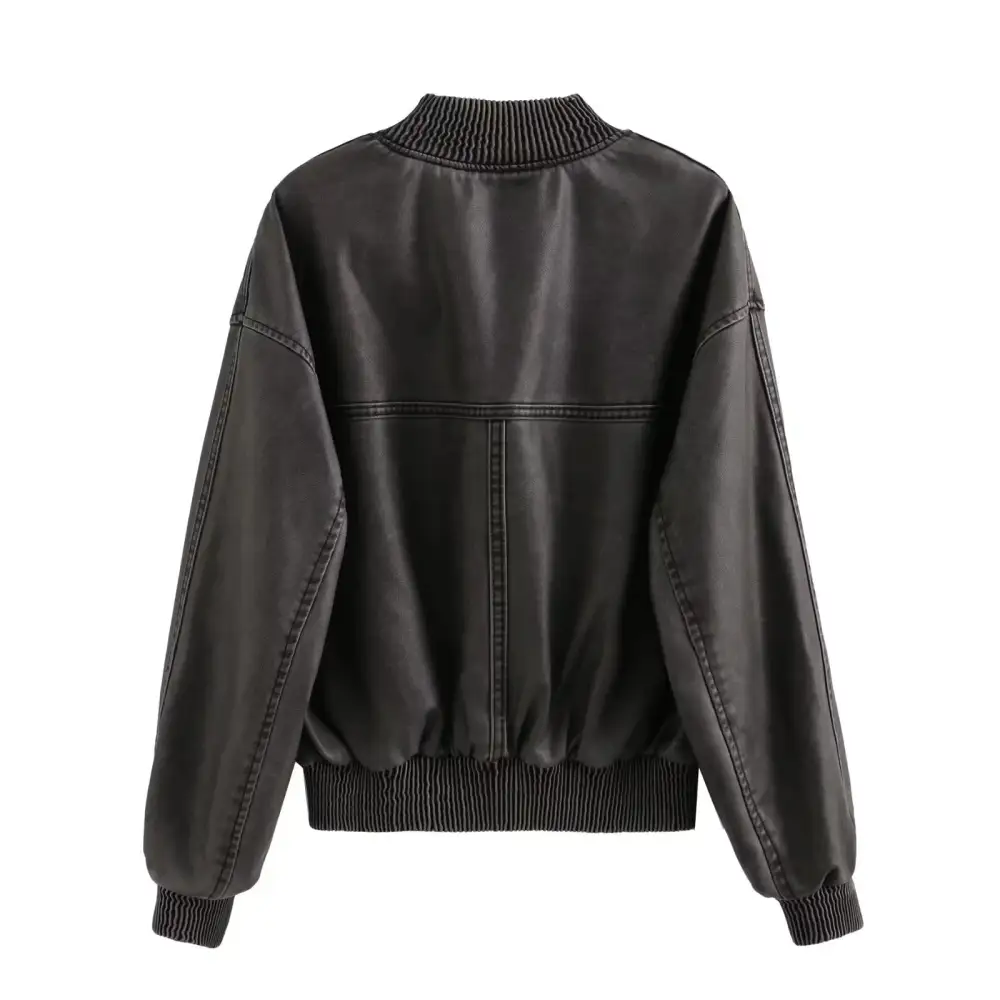 Oversized Faux Leather Stand Collar Ribbed Trim Bomber Jacket