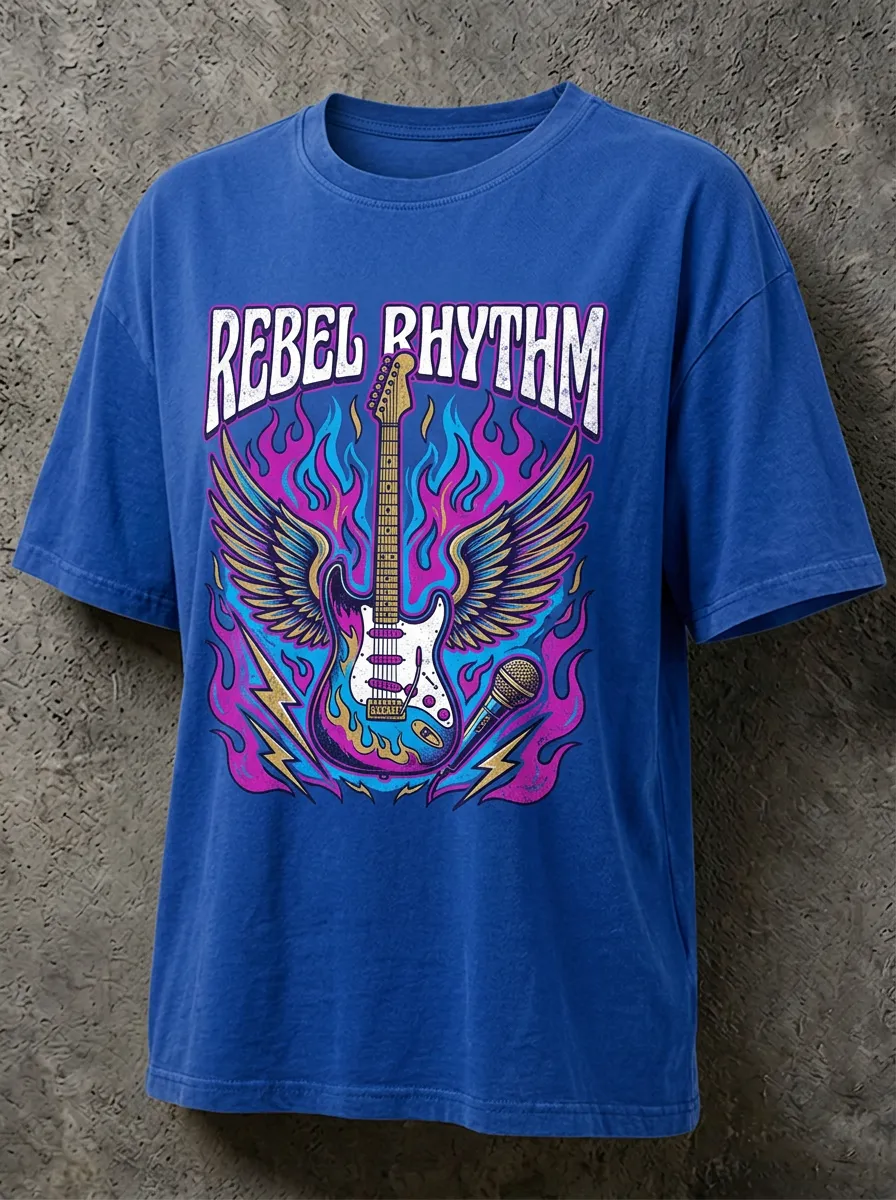 Unisex Rock Music Lover Winged Guitar Flame Printed T-shirt