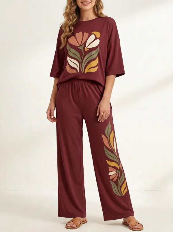 Women's Floral Graphic Drop-Shoulder Top And Wide-Leg Trouser Lounge Set