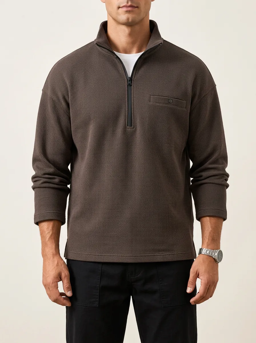 Clean-Look Quarter-Zip Waffle Knit Pullover