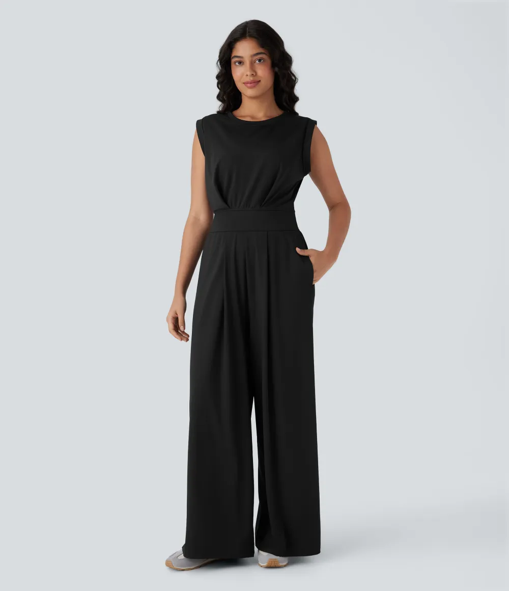 SoftlyZero QuickDry Round Neck Sleeveless Keyhole Pocket Yoga Jumpsuit-Easy Peezy Edition