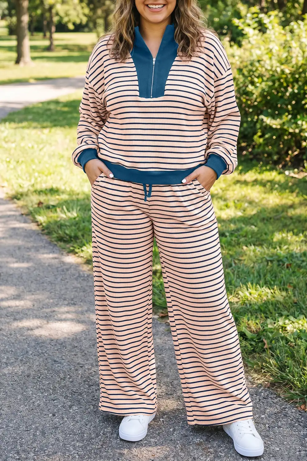 Women's Striped Colorblock V Neck Long Sleeve Set