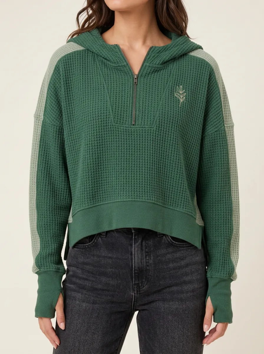 Women's Botanical Leaf Embroidered Waffle Knit Quarter Zip Hoodie