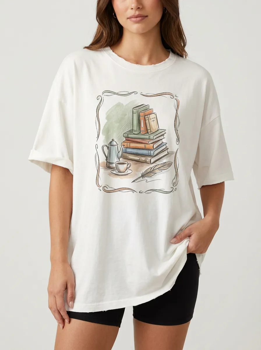 Women's Book-Inspired Coffee Quill Printed T-Shirt