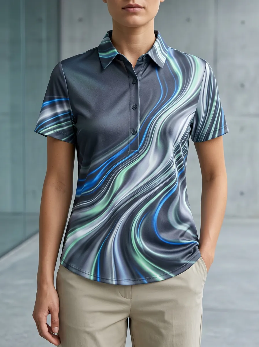 Women's Abstract Swirl Pattern Printed Polo Shirt