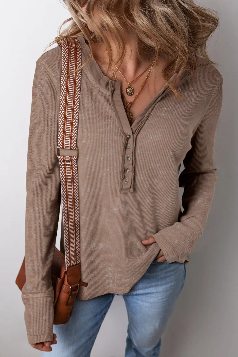 Women's Waffle Knit Long Sleeve Button Detail Top