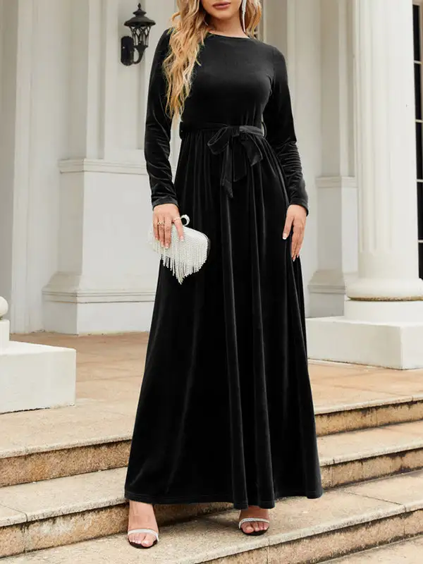 Pleated Wrap Belted Long Neck Maxi Dress