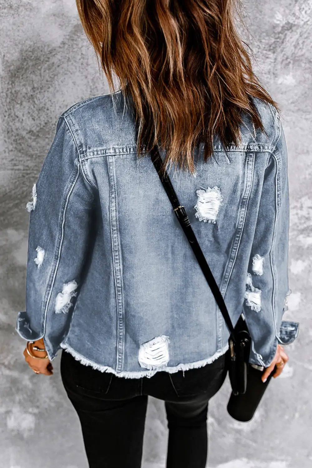 Women's Lapel Distressed Raw Hem Buttons Denim Jacket