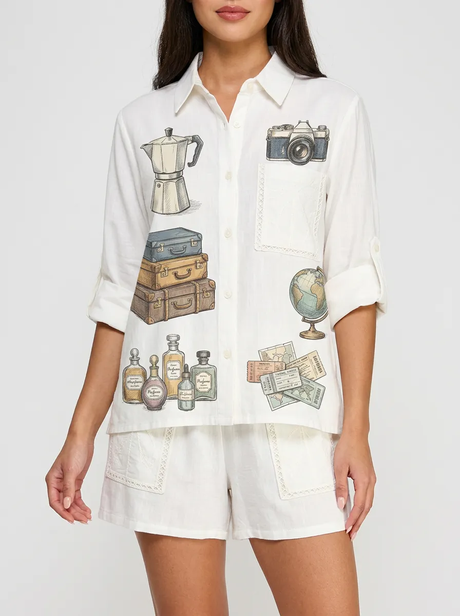 Women's Travel Enthusiast Vintage Objects Graphic Button-Up Shirt