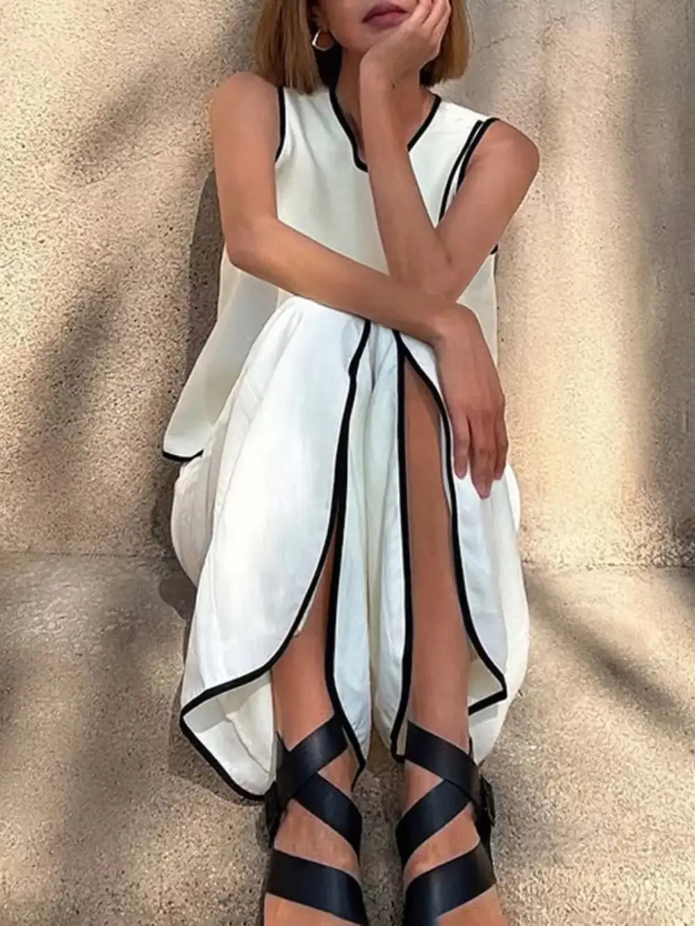 Contrast Trim Sleeveless Top and Wide Leg Pants Set