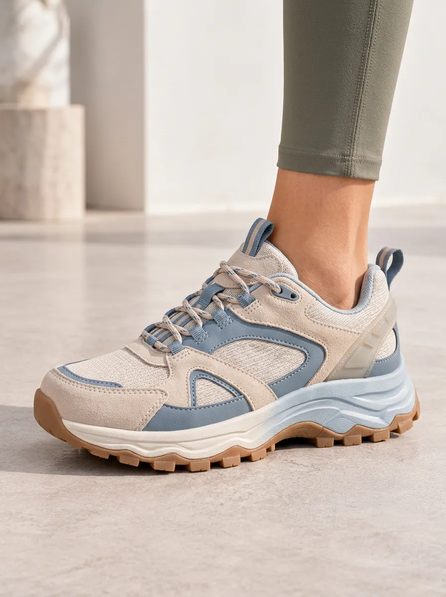Beige Blue Color Block Patterned Walking Shoes for Women's Casual Outings