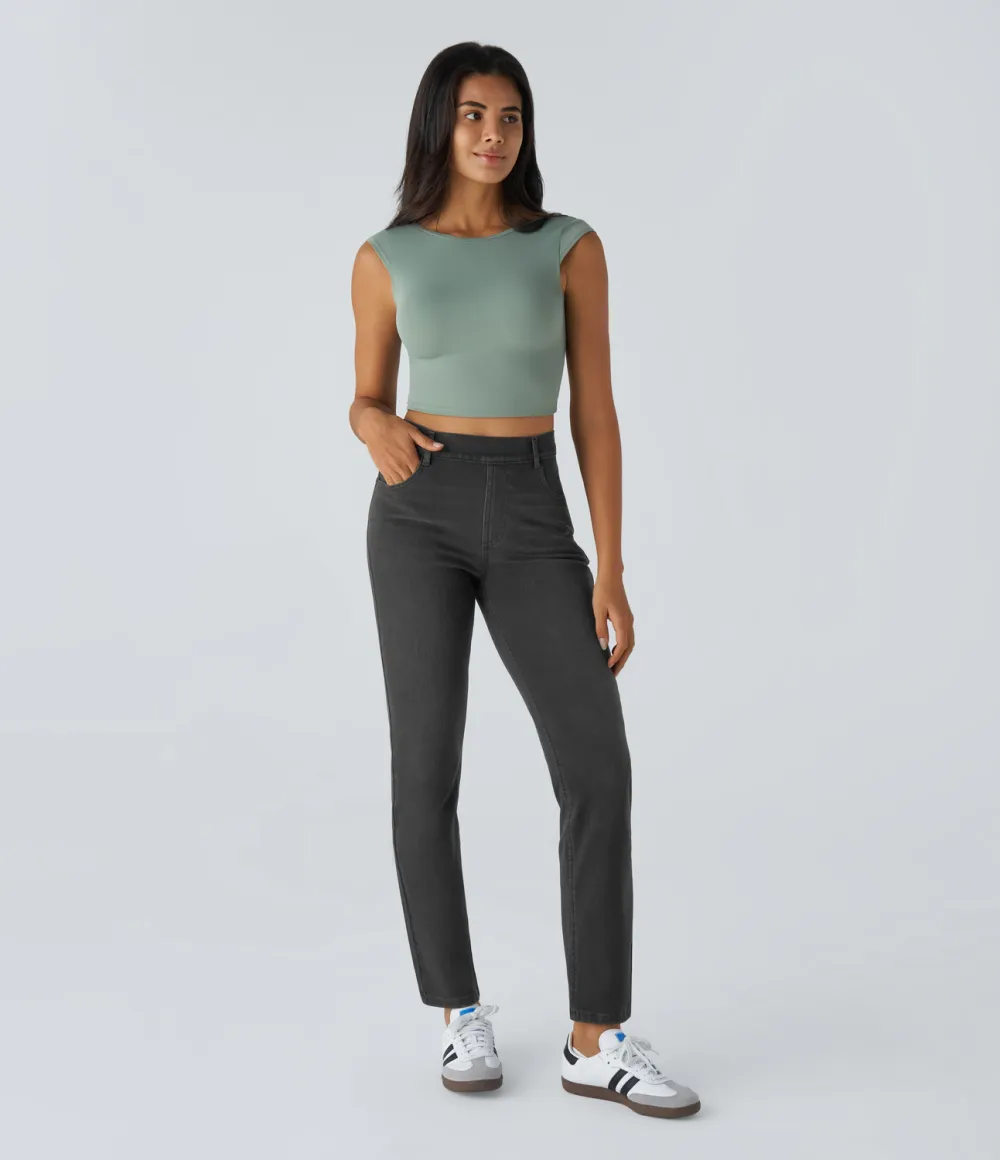 Magic High Waisted Multiple Pockets Straight Leg Washed Stretchy Knit Casual Jeans