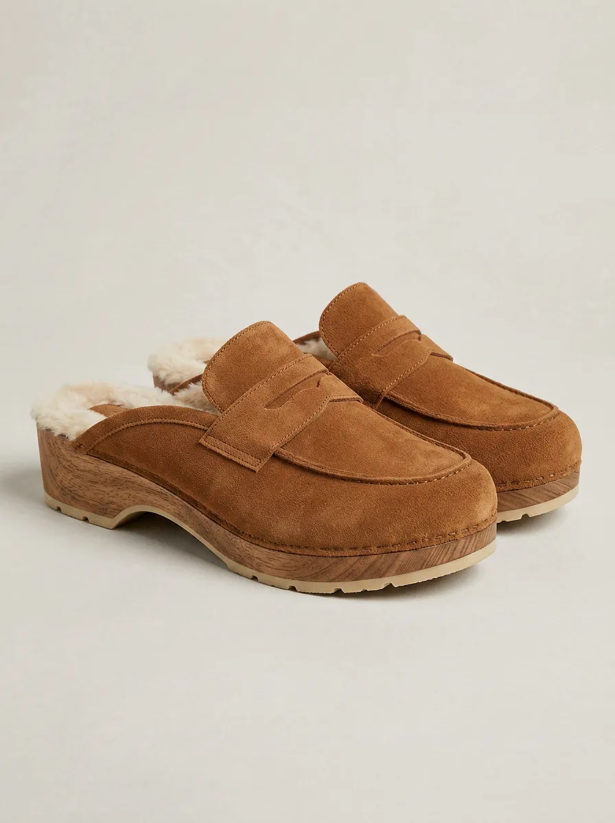 Women's Utility Faux Fur Lined Clog Style Casual Suede Wood Sole Loafers