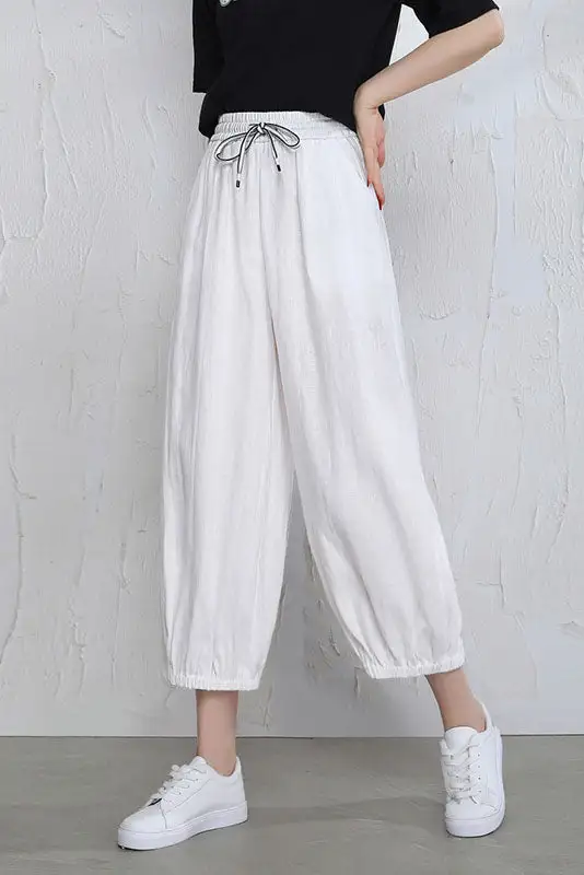 Refined Linen Wide Leg Cropped Elastic Waist Pocketed Trousers