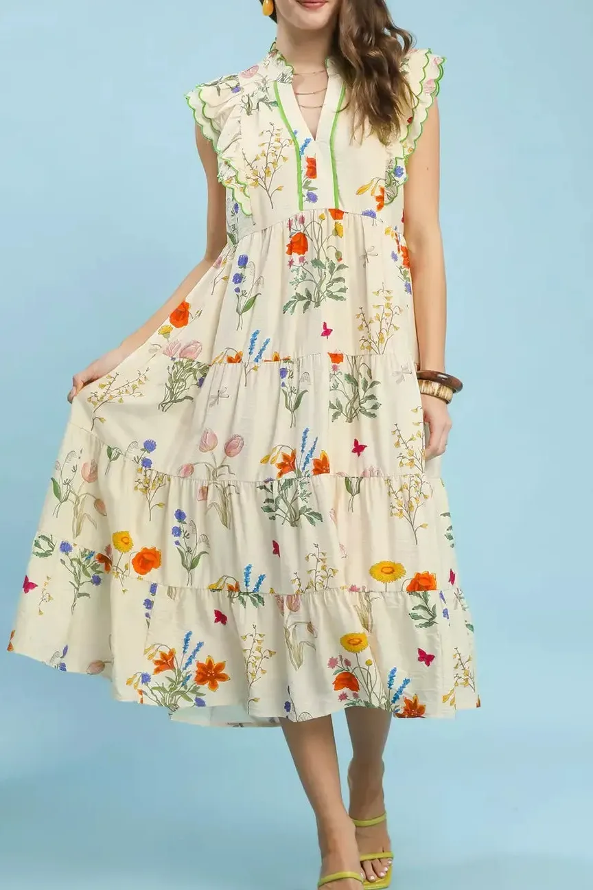 Ruffle Tiered Midi Dress with Scalloped Detail
