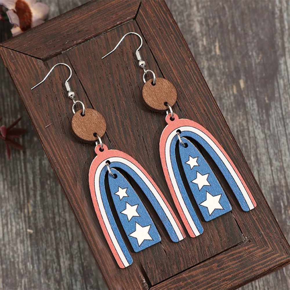 Curved Red Blue Wooden Earrings