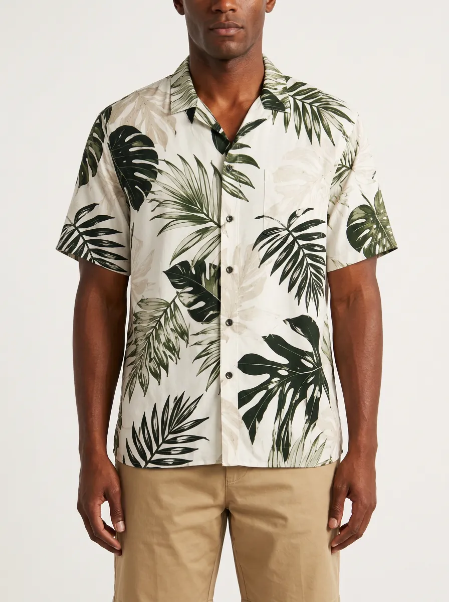 Men's button hardware Tropical Leaf Print Camp Collar Shirt