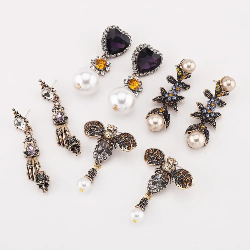 Vintage Geometric Heart Pearl Drop Earrings