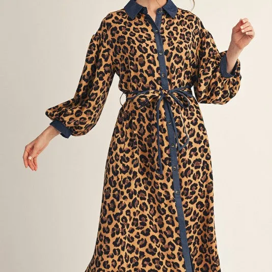 Animal Print Denim Puff Sleeve Button Front Dress