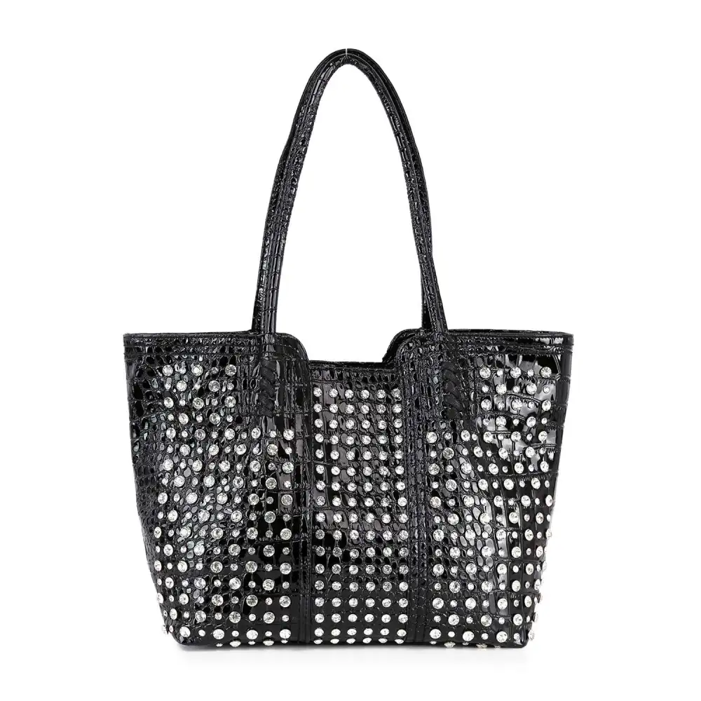 Embossed Studded Pocketed Faux Leather Tote Bag