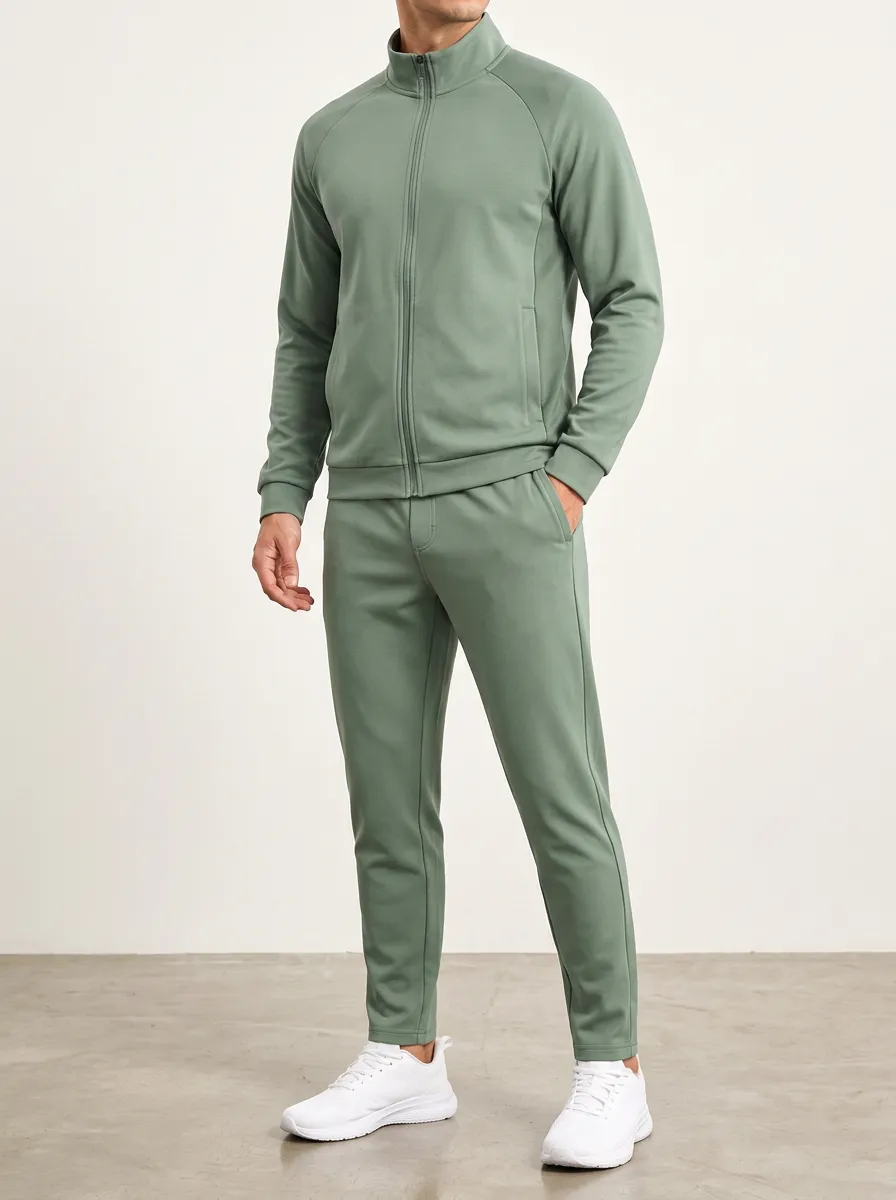 Men's Modern Solid Finish Zip Front Sportswear Set