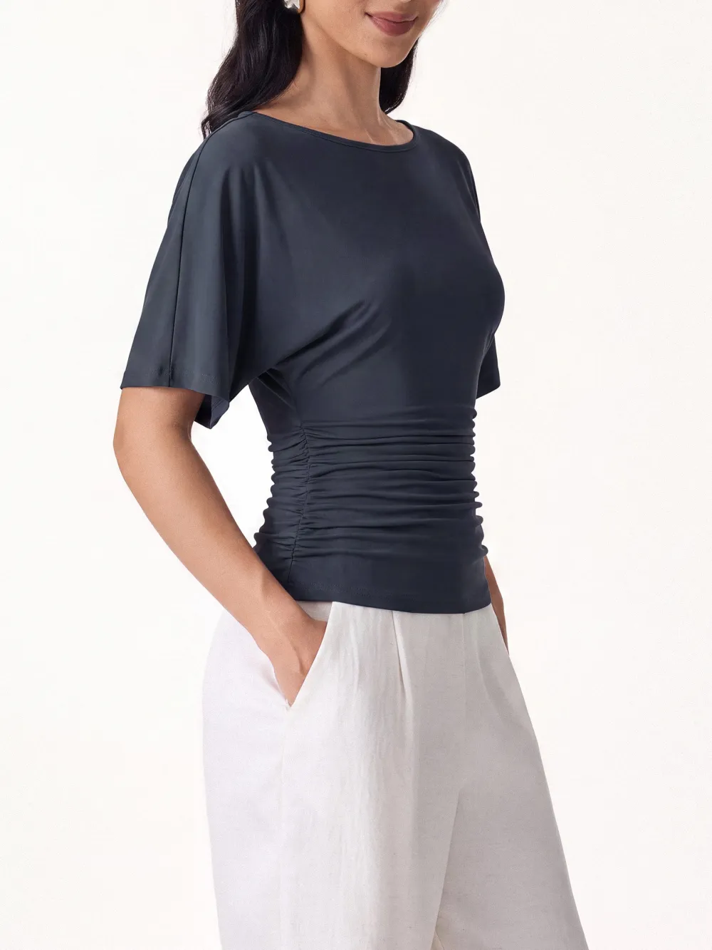 Everyday Boatneck Batwing Sleeve Side Ruched Top