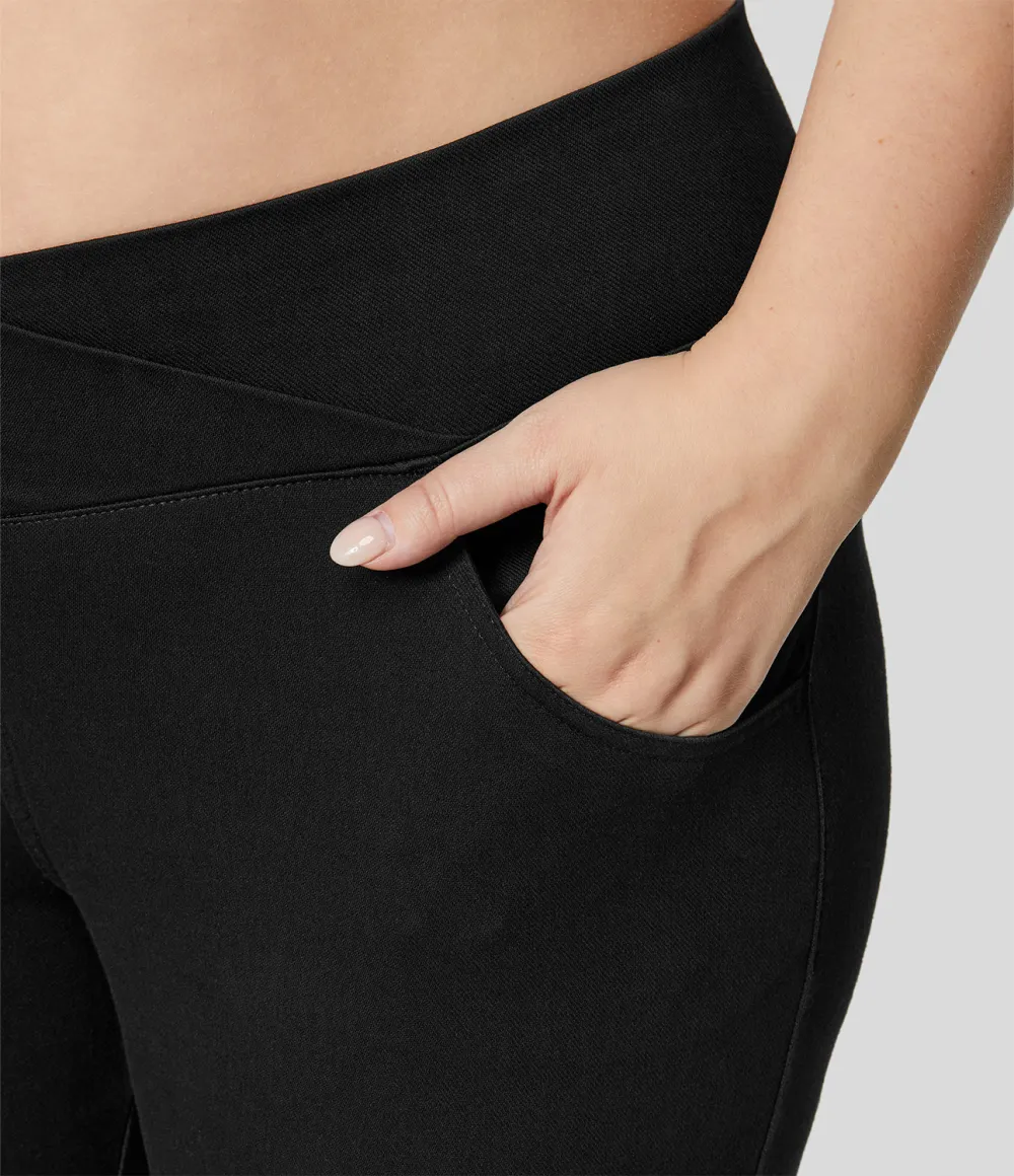 Magic High Waisted Crossover Multiple Pockets Stretchy Knit Denim 7/8 Plus Size Work Leggings