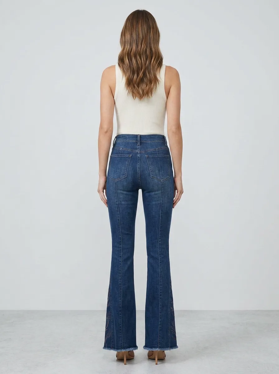 Women's Modern Floral Embroidered High Rise Flare Jeans